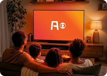 Família composta por quatro pessoas vista de costas, acomodada em um sofá de sala. Eles assistem a uma televisão grande e iluminada que exibe o logotipo do Aquiads ao lado do símbolo da Globo, em tela de fundo laranja.